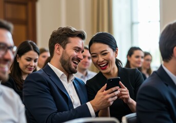 Two smiling people share a smartphone and a moment of joy during a presentation.