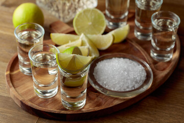 Gold tequila with salt and lime slices.