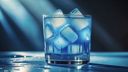 Refreshing Blue Drink with Ice Cubes in a Clear Glass, Perfect for Summer Cocktails