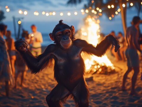 Primate Party: A chimp delights at a beach bonfire, surrounded by people and soft, glowing string lights under the twilight sky.