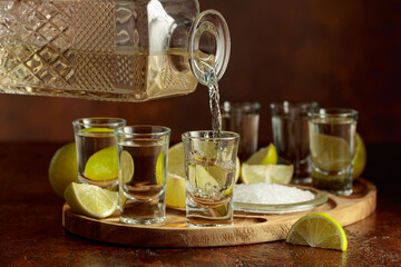 Gold tequila with salt and lime slices.