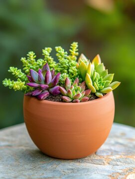 The image is of a small potted succulent plant in a terracotta pot. the pot is sitting on a stone surface with a blurred background of greenery.