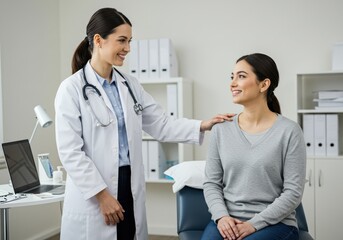 Fototapeta premium A female doctor comforts her patient, providing a reassuring touch during a consultation in the clinic.