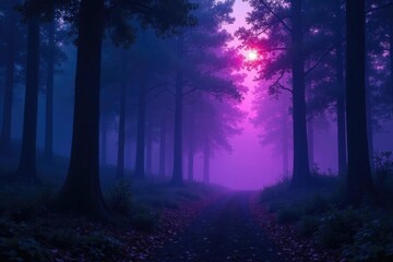 Obraz premium Twinkling forest lights weave through misty veil, vivid magenta indigo fog mystique, twilight scene, mysterious landscape