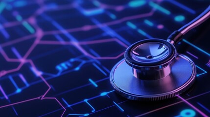 A stethoscope resting on a vibrant circuit board background, symbolizing healthcare technology