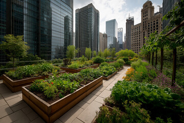 Fototapeta premium Urban rooftop garden thrives among tall glass towers and concrete cityscape