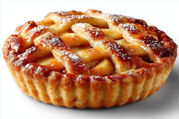 Golden crusted apple pie isolated against clean white background studio lighting