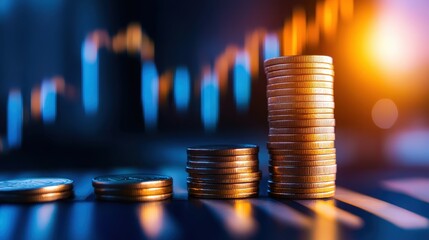 Stacked coins representing financial growth against a blurred background of market trends