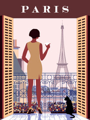 Paris cityscape with woman and cat on balcony in first plan and traditional French houses, mansards, roofs and Eiffel Tower in background. Handmade drawing sketch vector illustration.
