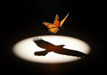 A stunning monarch butterfly soars in a spotlight, its eagle shadow a visual metaphor.
