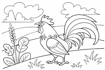 Fototapeta premium Coloring Pages, A rooster crowing, colorless, black and white