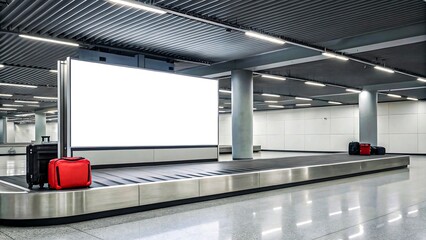 Blank billboard mockup at airport baggage claim area with suitcases on conveyor belt
