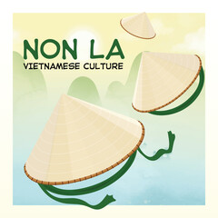 A minimalist vector illustration of Non La, the iconic Vietnamese conical hat, set against a serene mountain background. A cultural symbol representing the elegance and simplicity of Vietnam.