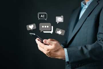 man using smartphone and touch icon social media for online marketing, work from anywhere. technology internet networking, playing social media and living on holiday concept.