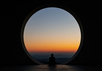 A person meditating in a circular window at sunrise, overlooking a tranquil landscape.