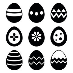 This image features nine simple, black and white Easter egg designs.
