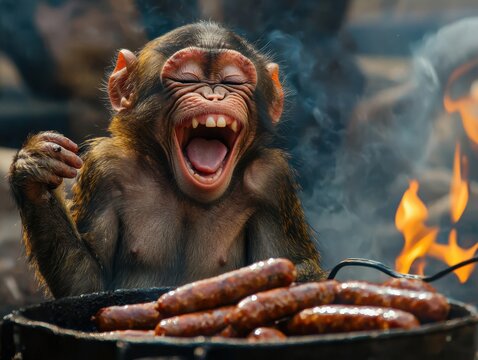 Delighted Monkey with Meat: A close-up shows a monkey with its mouth wide open, laughing in amusement over a grill full of appetizing meat.