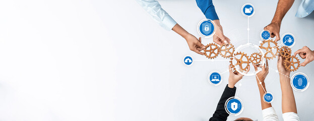 A dynamic image showcasing collaboration in digital security, featuring diverse hands assembling...