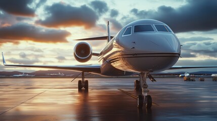 A sleek private jet awaits takeoff at sunset on a wet tarmac.