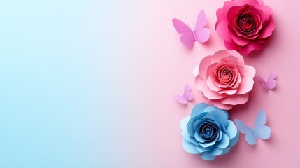 A tranquil spring scene with pastel paper flowers and butterflies, set against a gentle blue background