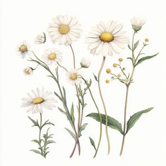 Fototapeta premium Botanical illustration of white daisies showcasing naturalistic renderings from the 19th century in detailed botanical study Generative AI