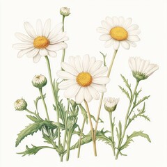 Botanical illustration of daisies in naturalistic style reflecting 19th century artistry and detailed rendering Generative AI