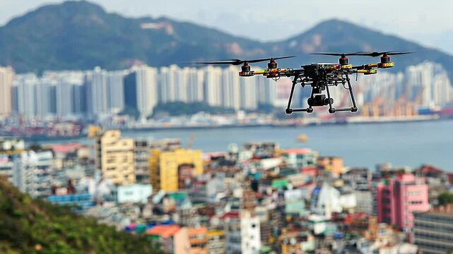 Drone over city skyline, urban aerial view