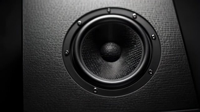 Modern black speaker with textured surface and circular grill on a dark background for audio equipment and sound system design, music concept. 