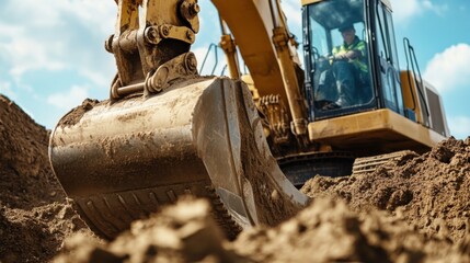 Fototapeta premium Heavy machinery operator operating an excavator at a construction site. Featuring power and control