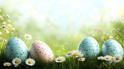 Pastel-colored Easter eggs nestled in the flowering spring grass, glowing in the warm sunlight, creating a joyful Easter morning setting