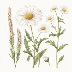 Botanical illustration of detailed daisies and associated flora from 19th century naturalistic renderings Generative AI