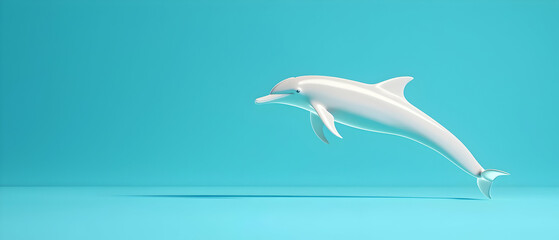 A Playful White Dolphin Leaps Against A Vibrant Teal Blue Background In A Minimalist 3D Rendered Digital Art
