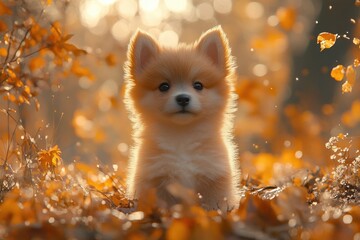 Obraz premium adorable fluffy miniature spitz puppy walking in nature beautiful autumn light