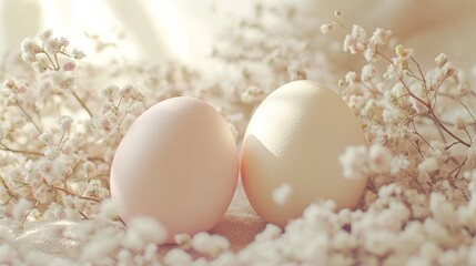 A tender spring awakening represented by two creamy eggs nestled among delicate white flowers and sunlit branches, illuminated by the soft morning light