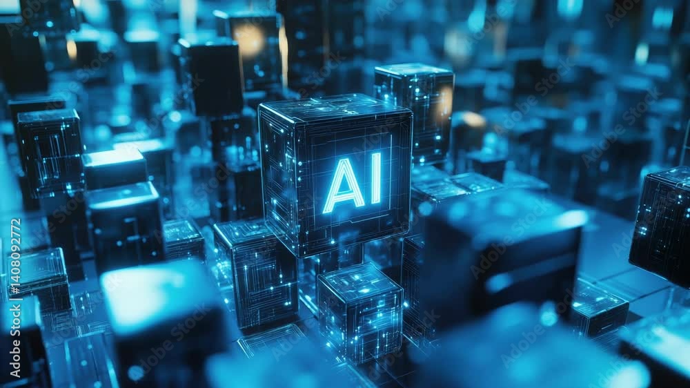 Poster glowing ai data cube in a futuristic digital environment, symbolizing artificial intelligence,data p