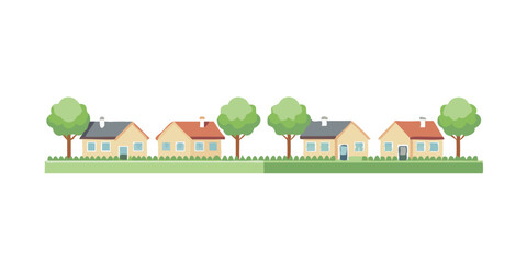 Row of suburban houses with trees in flat style