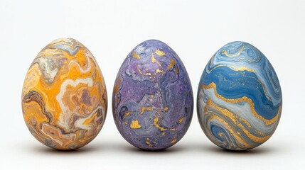 Fototapeta premium Three beautifully adorned Easter eggs, each displaying a distinct artistic pattern: swirling blue and gold, speckled lavender, and striped amber and wood tones, all shining with a polished sheen