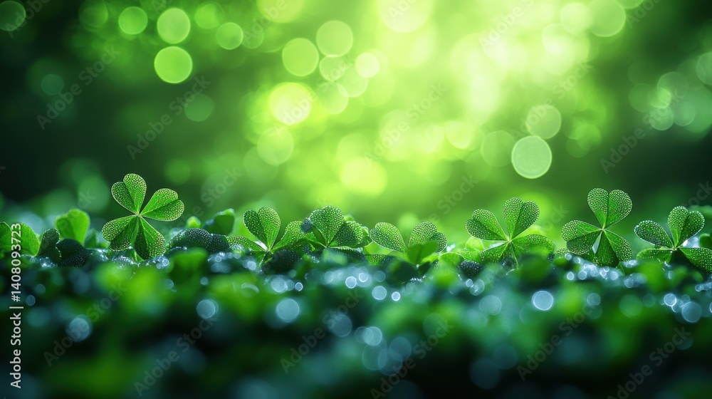 Poster vertical banner st patrick s day scattering of clover leaves abstract bright green background bokeh 
