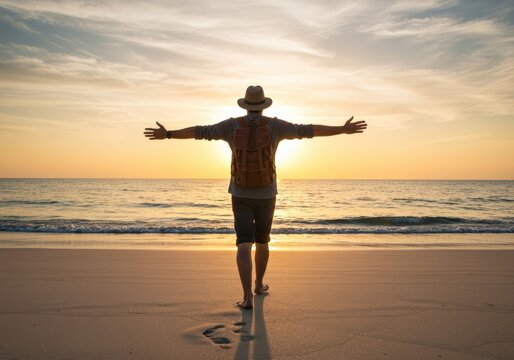 A man on a beach at sunset with arms open, expressing joy and embracing freedom's beauty.