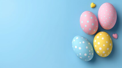 Fototapeta premium Soft Easter eggs adorned with miniature polka dots lie peacefully on a tranquil blue backdrop, marking the calm arrival of spring