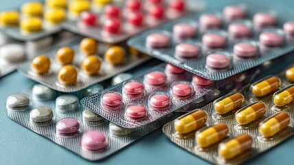Many pills of different colors in blisters, treatment, pharmaceuticals and health care background