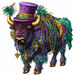 Colorful decorated bison with a purple hat and beads during celebration Generative AI