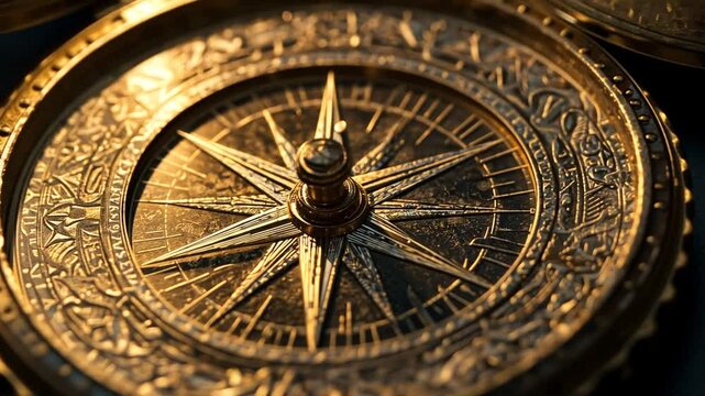 Golden vintage compass close up perfect for background, nautical and travel concepts
