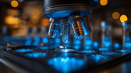 A microscope hovers over sample slides, focusing on intricate details illuminated by captivating blue lighting