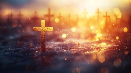 A somber expanse of golden crosses beneath a warm, dusky sky, evoking a poignant sense of remembrance and loss in a richly detailed 3D render