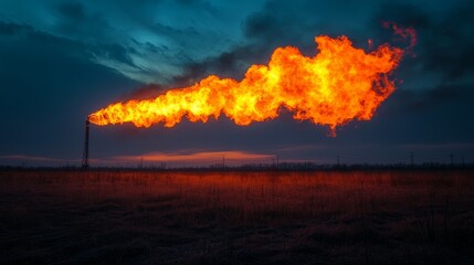 A towering gas flare emits intense orange flames against a dusky sky, illuminating the surrounding barren field