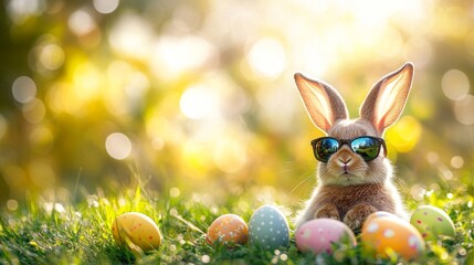 A hip Easter bunny sporting trendy sunglasses at a lively springtime egg hunt in a sun-soaked park