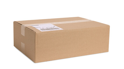 One parcel with shipment label isolated on white