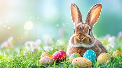 A cute bunny nestled among bright Easter eggs and blooming flowers, basking in the warm sunlight, creating a springtime scene of pure happiness