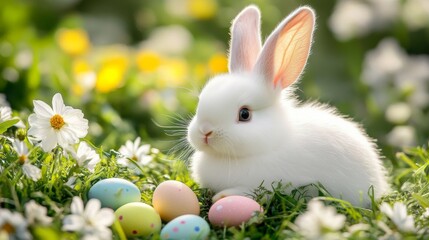 Fototapeta premium Amidst vibrant Easter eggs and blossoming flowers, a sweet bunny basked in the warm sunlight, painting a springtime scene of pure delight
